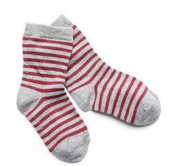 Pair of cotton striped socks on white background