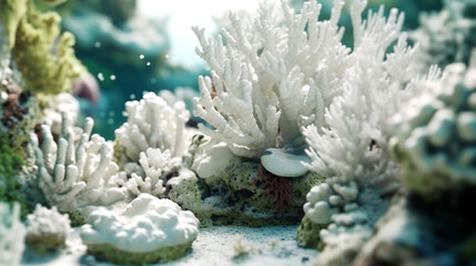 A coral reef affected by bleaching showing signs of damage caused by changes in the pH of ocean water due to Oceanic acidosis. Negative impact on the marine ecosystem - obrazy, fototapety, plakaty