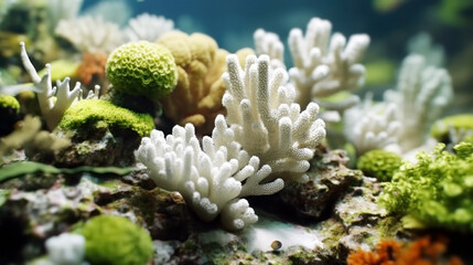 A coral reef that has undergone bleaching and loss of vitality. Impact of ocean water pH change due to Oceanic acidosis. climate change. Negative impact on the marine ecosystem