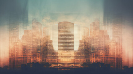 real estate business represented symbolically by skyscraper with landscape double exposure