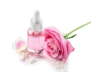 Bottle of cosmetic oil with rose extract and flower on white background