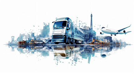 Fototapeta premium truck filled with the double exposure with landscapes and cities
