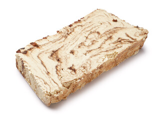Piece of tasty marble halva on white background