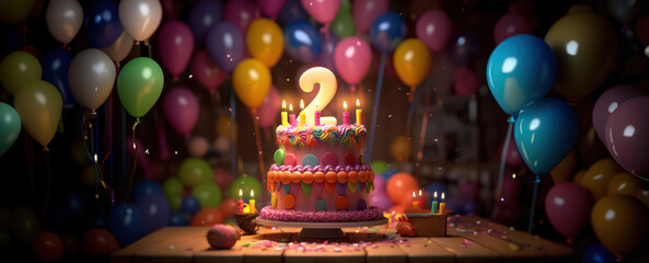 number 2 candle on a second year birthday or anniversary cake celebration with balloons and party decoration as banner with copy space area - Generative AI - obrazy, fototapety, plakaty