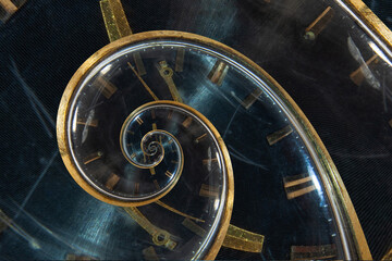 A retro analog clock spiraling into itself. Twisted watch dial. Time managment