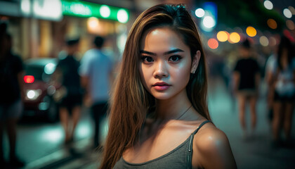 woman, portrait of a young woman illuminated by the lights of the city at night, image created with ai