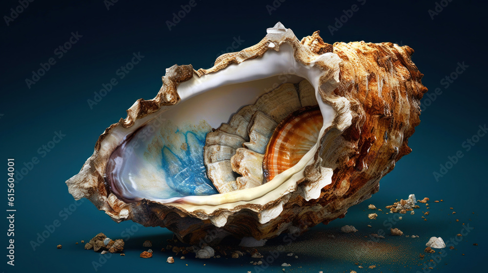Wall mural The mangled and damaged shell of an oyster clam, caused by the damaging effects of the acidic conditions of the ocean water. Ocean acidosis and climate change concept - Wall murals