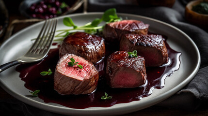 A plate of tender beef fillet medallions, perfectly cooked and drizzled with a rich red wine sauce