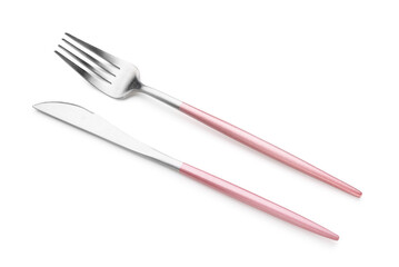 Stainless steel fork and knife with pink handles on white background