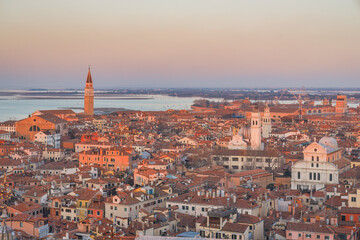 Fototapeta na wymiar Top view of Venice from the St. Mark's Campanile tower at sunset, Italy, Europe.