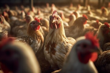 Lot of chickens in a poultry farm. Generative AI