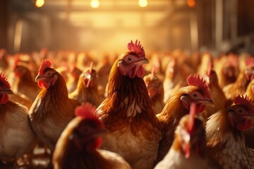 Lot of chickens in a poultry farm. Generative AI