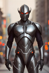 Fototapeta na wymiar creepy alien warrior in his metal combat suit - generative ai