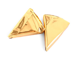Triangles of tasty processed cheese on white background
