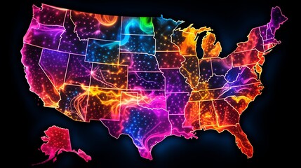 USA map in neon colors. Generative ai