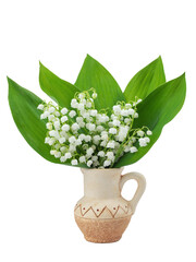 bouquet of white forest lilies of the valley with leaves in a ceramic vase, isolated