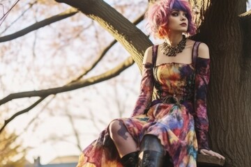 Cute dyed hair young girl wearing colorful dress and laying on a tree in a park. Generative AI illustration.