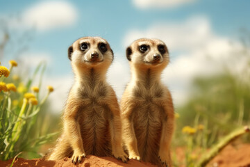 Fototapeta premium Close-up portrait of meerkats standing and watching around for hunters. Meerkats are living in Africa. Generative AI.