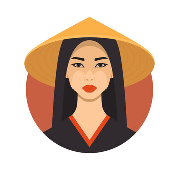 Vector Portrait of Beautiful Young Asian Woman with Chinese, Asian Traditional Conical Straw Hat, Vietnamese Triangle Nonla Hat, Non La Headdress. Asian Women Portrait in Front View