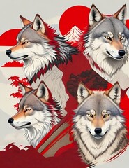 Pack of wolf in the red and white background created by Generative AI