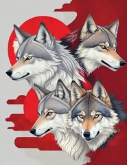 Pack of wolf in the red and white background created by Generative AI - obrazy, fototapety, plakaty