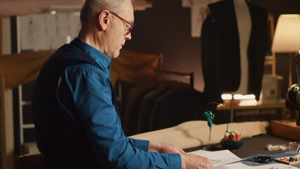 Experienced tailor choosing model to make clothes, looking at modern sketches in atelier. Couturier crafting custom made fashion items with textile industry tools and skill. Handheld shot.