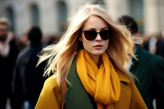 Elegant and stylish blonde lady with sunglasses street portrait. Generative AI illustration.