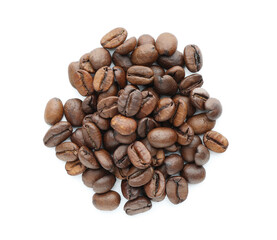 Heap of coffee beans on white background