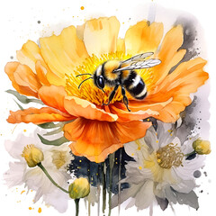 Yellow flower with a bee in watercolor, nature, painting, plant
