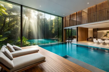 Fototapeta na wymiar Aqua Oasis: Dive into AI-Generated Interior Designs with Stunning Swimming Pools