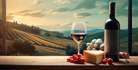 a red wine bottle and cheese on a table in the countryside Generative AI