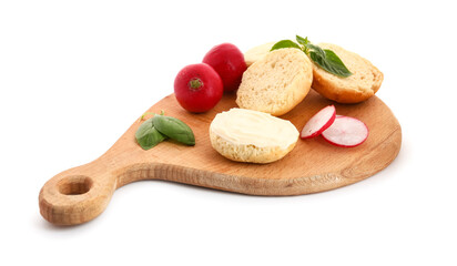 Wooden board of tasty croutons with cream cheese and radish on white background