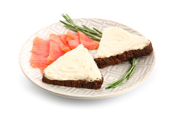 Plate of tasty sandwiches with cream cheese and fish on white background