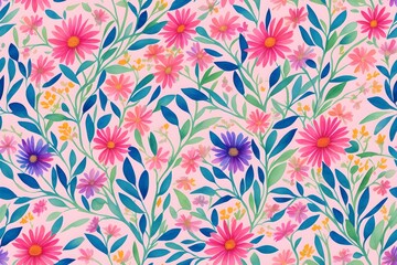 Fototapeta na wymiar Floral seamless pattern with daisies and green leaves and herbs. Great for textile print, background, handmade card design, invitations, wallpaper, packaging, interior. Generative AI.