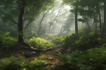 Beautiful green forest scenery generative AI