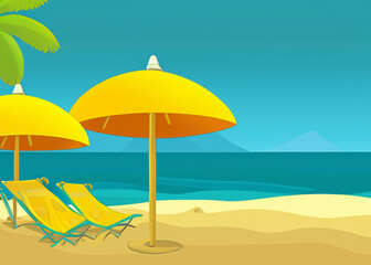 sand tropical beach, umbrella and chair, holidays in paradise, summertime vacations in cartoon style, created with generative ai technology