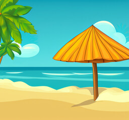 Fototapeta na wymiar sand tropical beach, umbrella and chair, holidays in paradise, summertime vacations in cartoon style, created with generative ai technology