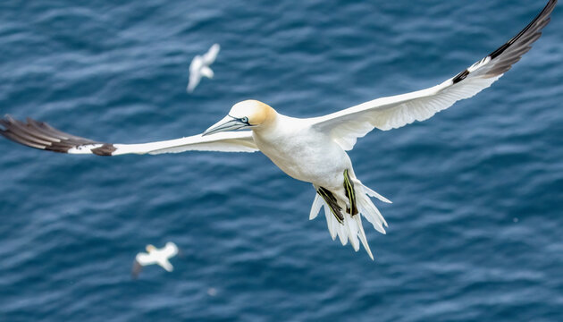 Great northern gannet in flight over the blue ocean