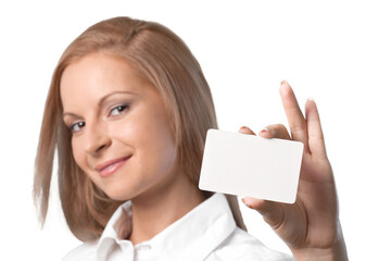Beautiful business woman holds white card