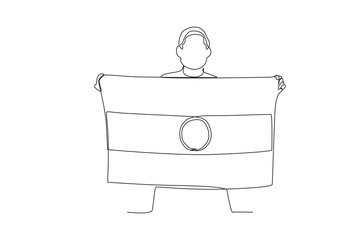 Obraz premium A man holding an Indian flag. India independence day one-line drawing