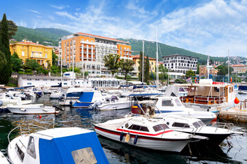 Obraz premium Harbor with boats and buildings in Opatija, Kvarner region, Croatia