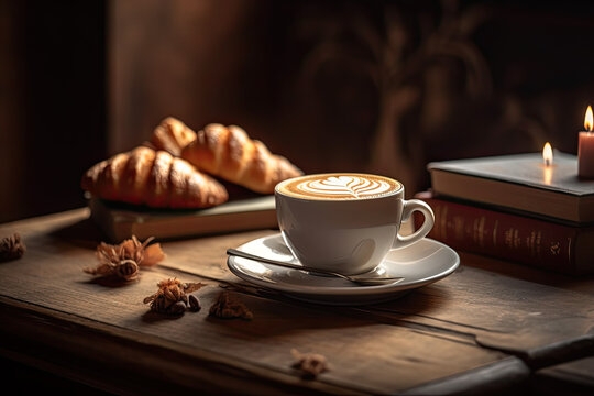 a cup of coffee on a table with books and a lit candle in the background is an image of autumn leaves