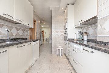 elongated kitchen with cabinets on either side of the walls, polished granite countertops