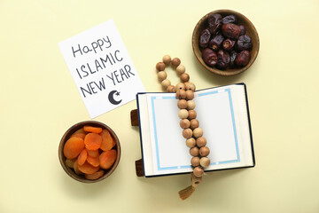 Card with text HAPPY ISLAMIC NEW YEAR, Koran, tasbih and dried fruits on color background