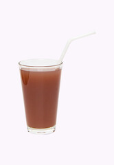 Brown mangosteen juice in tall square glass with straw isolated on white background. Rich vitamin in anti-oxidants. Juice is made fruit which are blended until smooth filtered and added honey. 