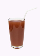 Brown mangosteen juice in tall glass with straw isolated on white background. Juice is made fruit and its seeds which are blended until smooth filtered and added honey. Rich vitamin in anti-oxidants.