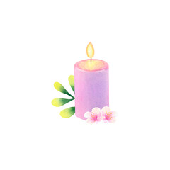 Burning purple candle with a branch and flowers isolated on a transparent background. Watercolor illustration hand drawn.