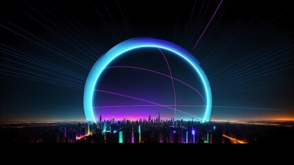 Photo of a vibrant neon circular sculpture with city skyline in the background