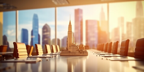 Urban Office Environment: Blurred Large Meeting Room with Cityscape Background