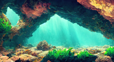 illustration of a beautiful cave in the middle of the forest with water